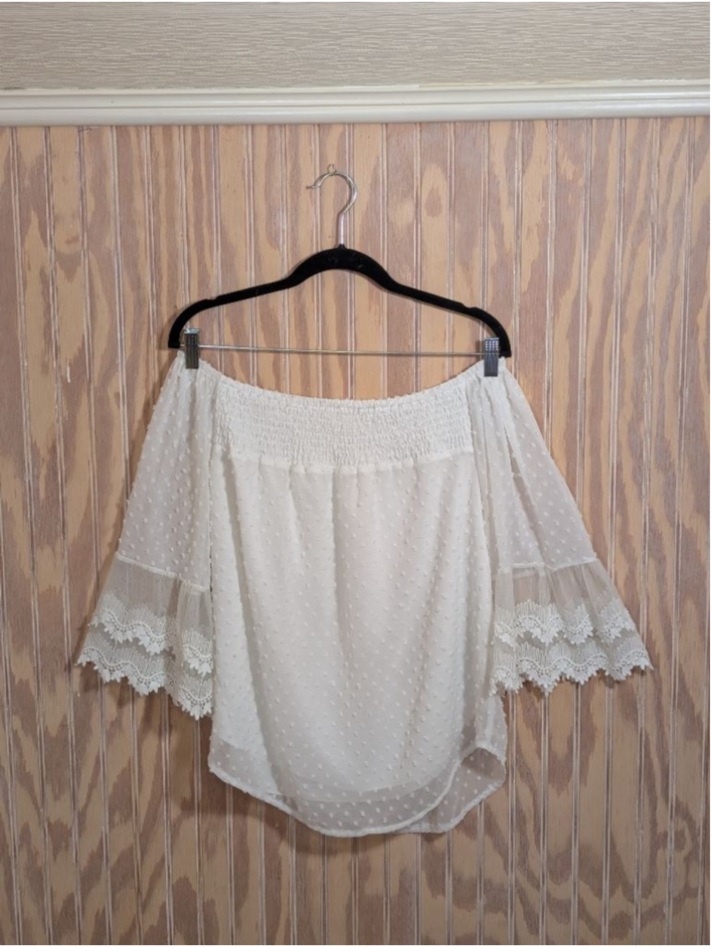 Boho White Off-Shoulder Flowy Blouse with Lace Trim Size S